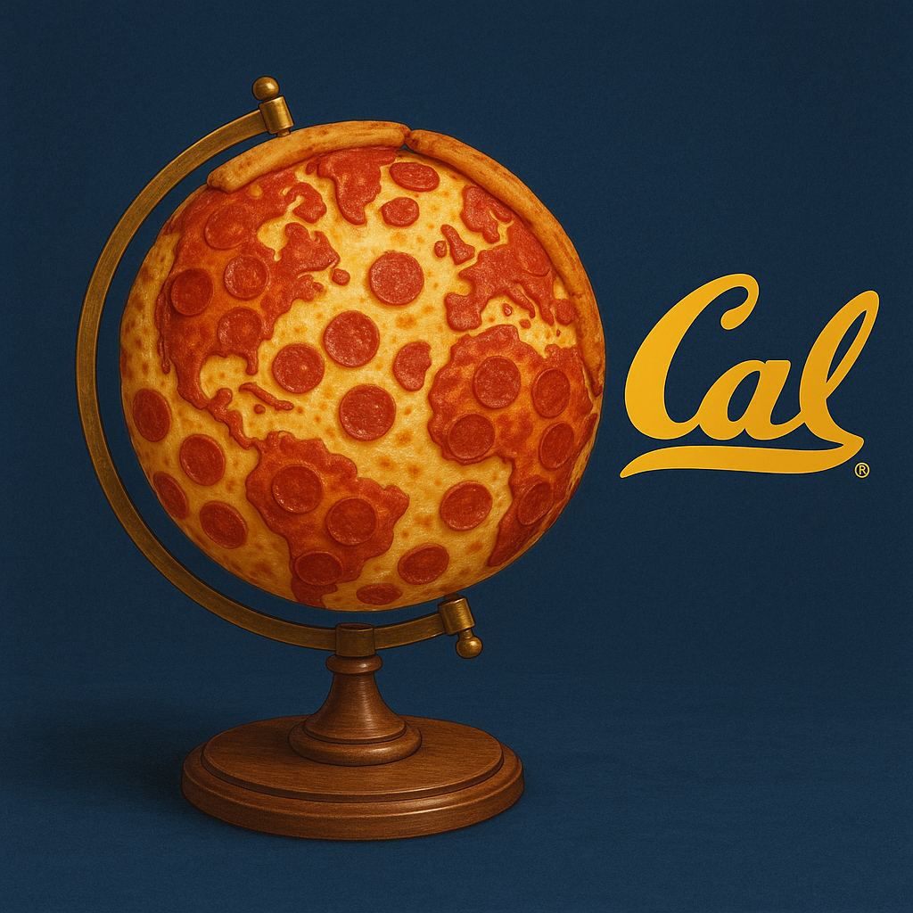 image of a globe with a Cal logo, but instead of a map it's a pizza
